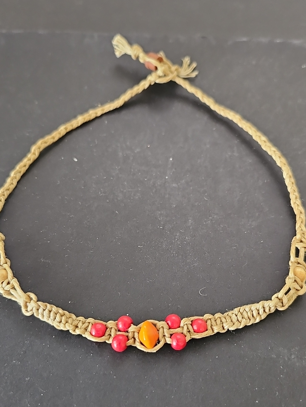 Handmade Tan Vintage Macramé Necklace with Red and Orange Beads Boho - Picture 2 of 5